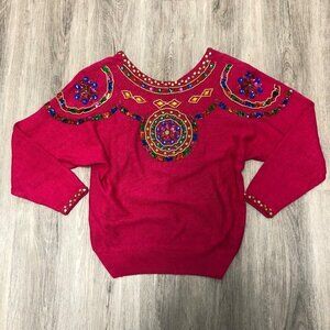 Vintage 80s 90s Sweater Cotton Ramie Knit Women's Size Medium Crewneck Sequins